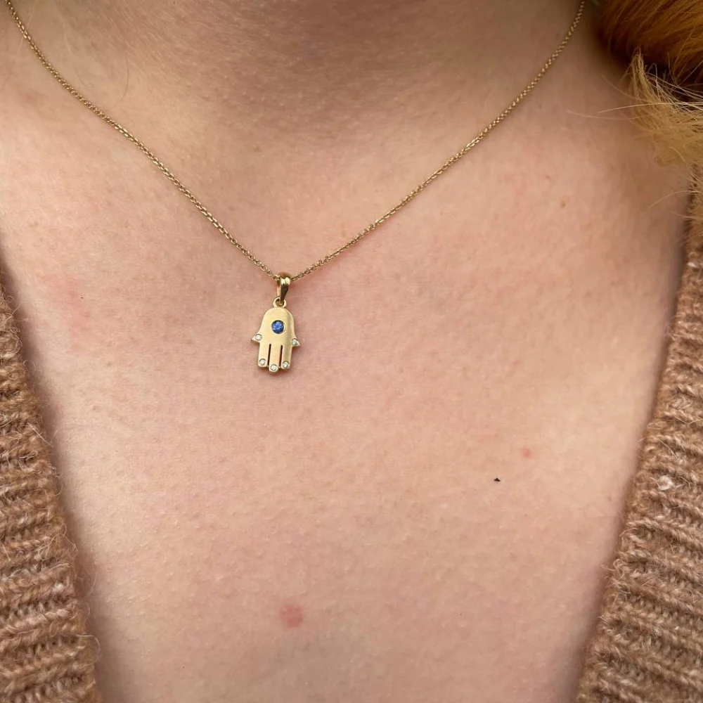 18k White Gold Diamond and Sapphire Hamsa Pendant - Image 3