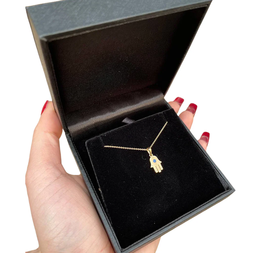 18k White Gold Diamond and Sapphire Hamsa Pendant - Image 4