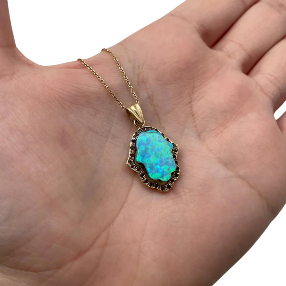 Hamsa Pendant in 14K Gold Opalite and Garnets - Image 3