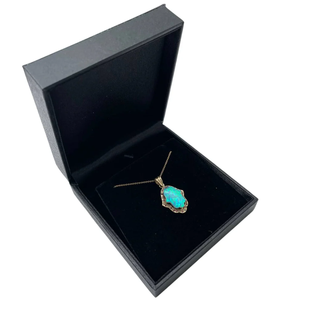 Hamsa Pendant in 14K Gold Opalite and Garnets - Image 4