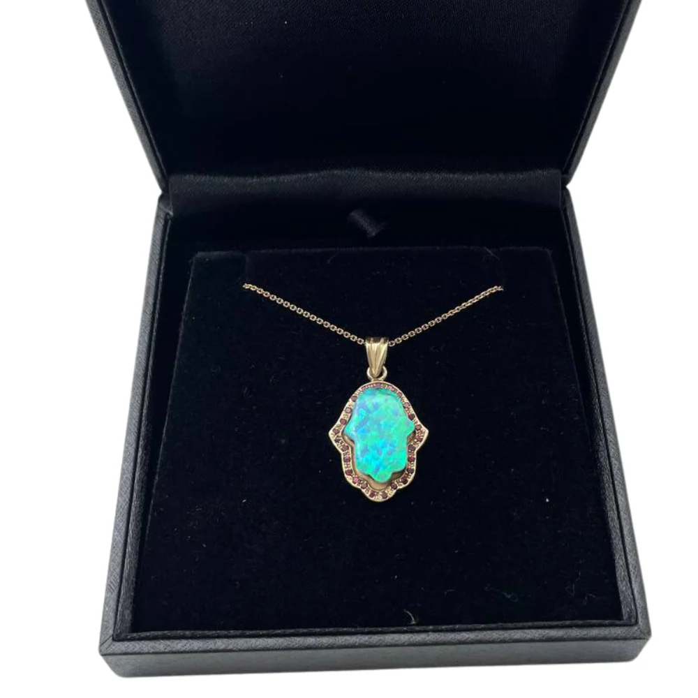 Hamsa Pendant in 14K Gold Opalite and Garnets - Image 5