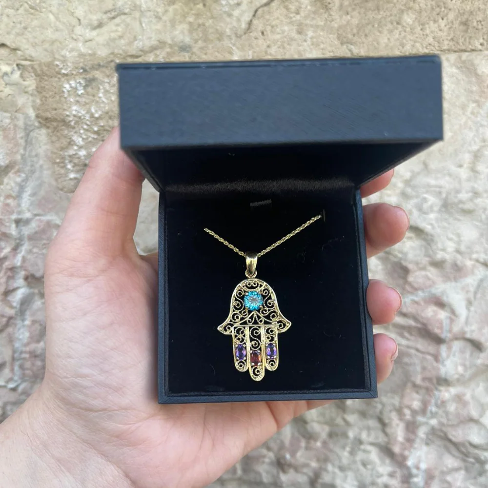 14k Gold and Semi-Precious Stones Hamsa Pendant - Image 3