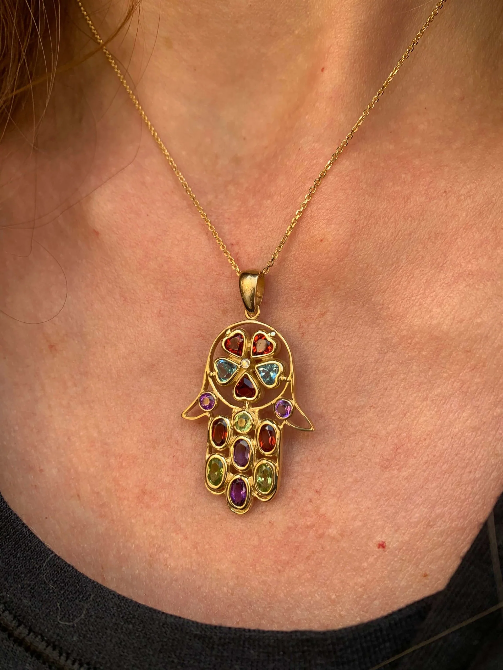 Hamsa Pendant - 14k Gold Diamond and Semi Precious Stones - Image 3