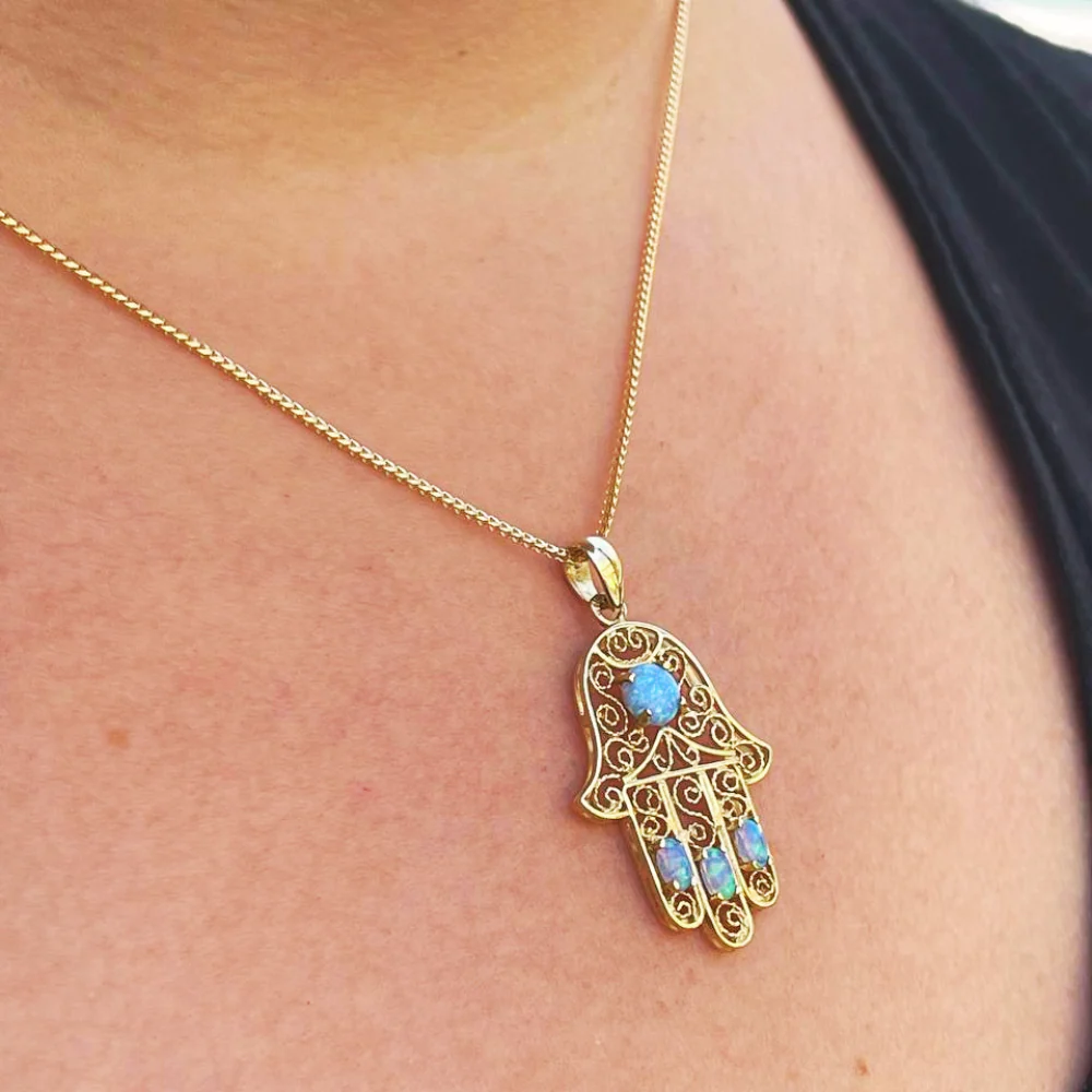 14k Gold Blue Opals Hamsa Pendant - Image 2