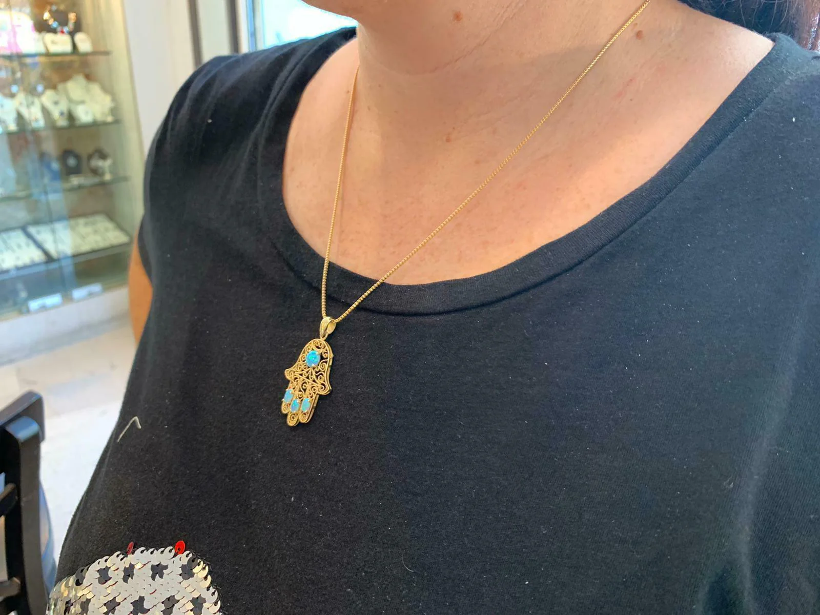 14k Gold Blue Opals Hamsa Pendant - Image 3