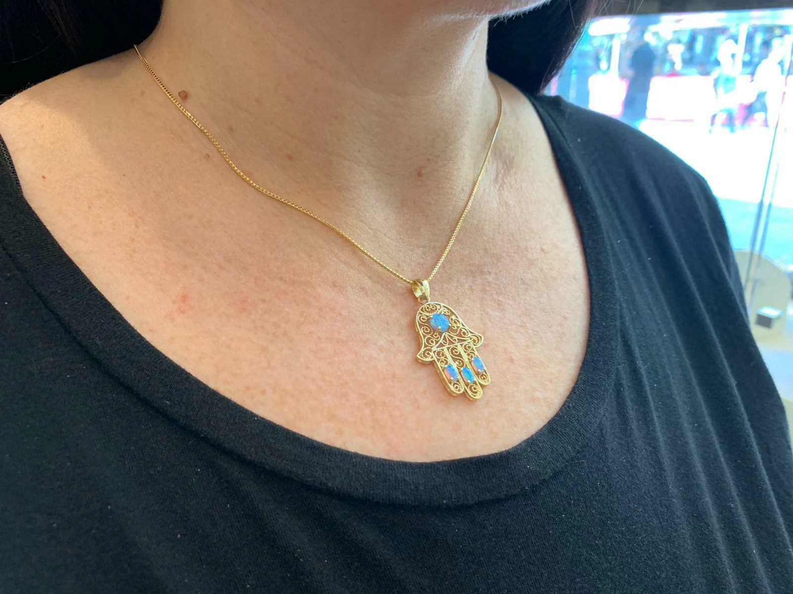 14k Gold Blue Opals Hamsa Pendant - Image 4
