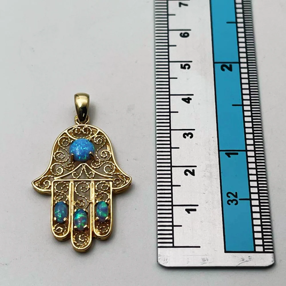 14k Gold Blue Opals Hamsa Pendant - Image 7