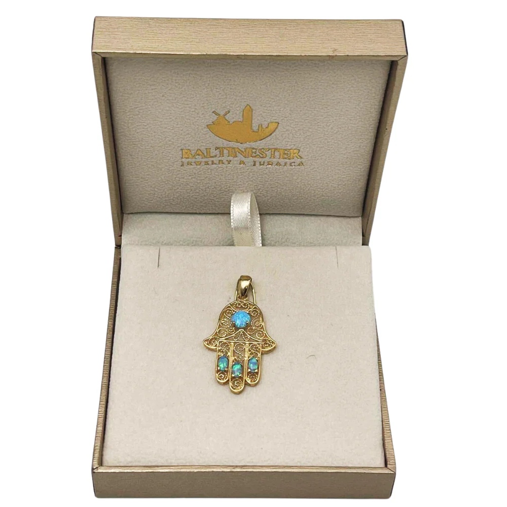 14k Gold Blue Opals Hamsa Pendant - Image 9