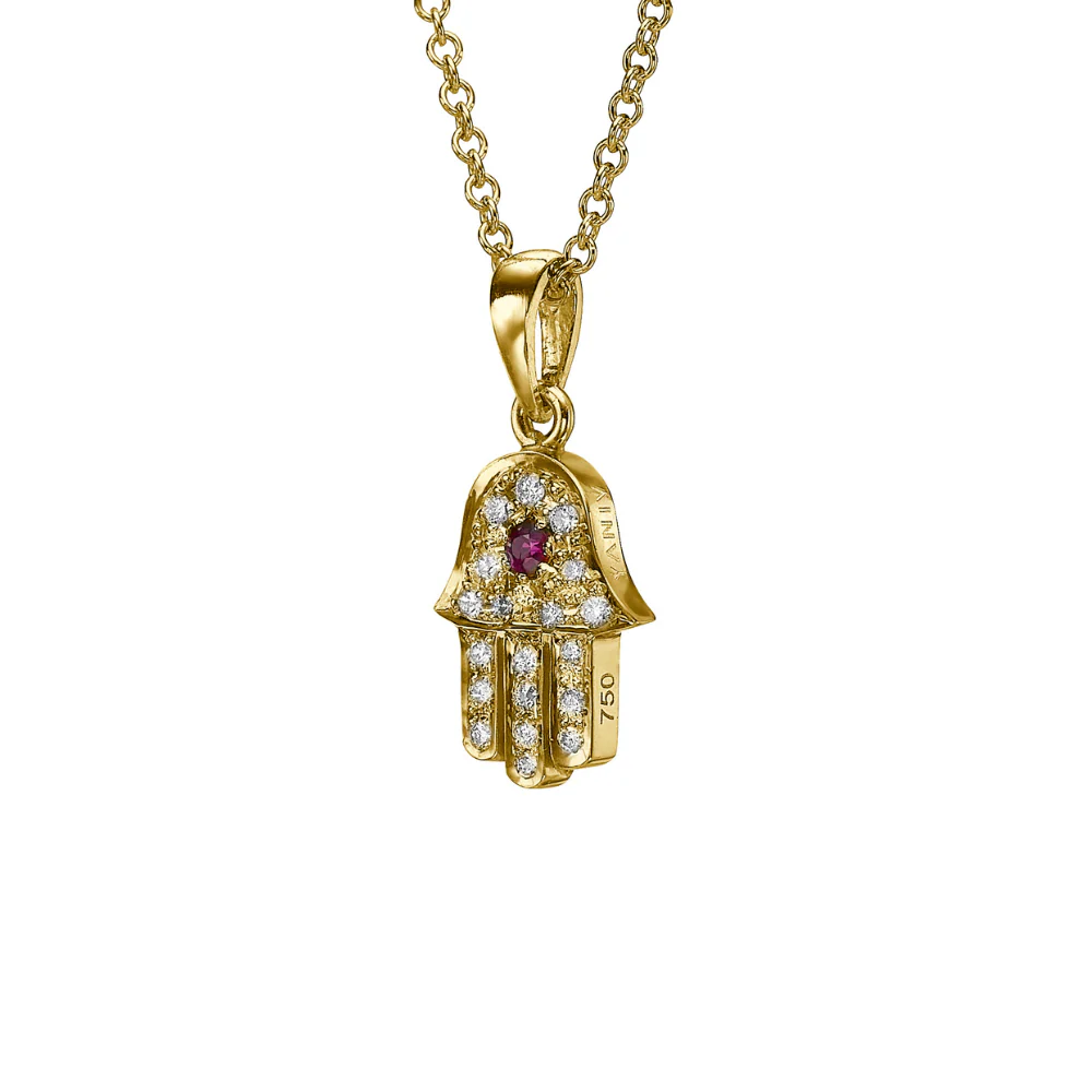 18k Gold Hamsa Pendant with Diamonds and Ruby - Image 2