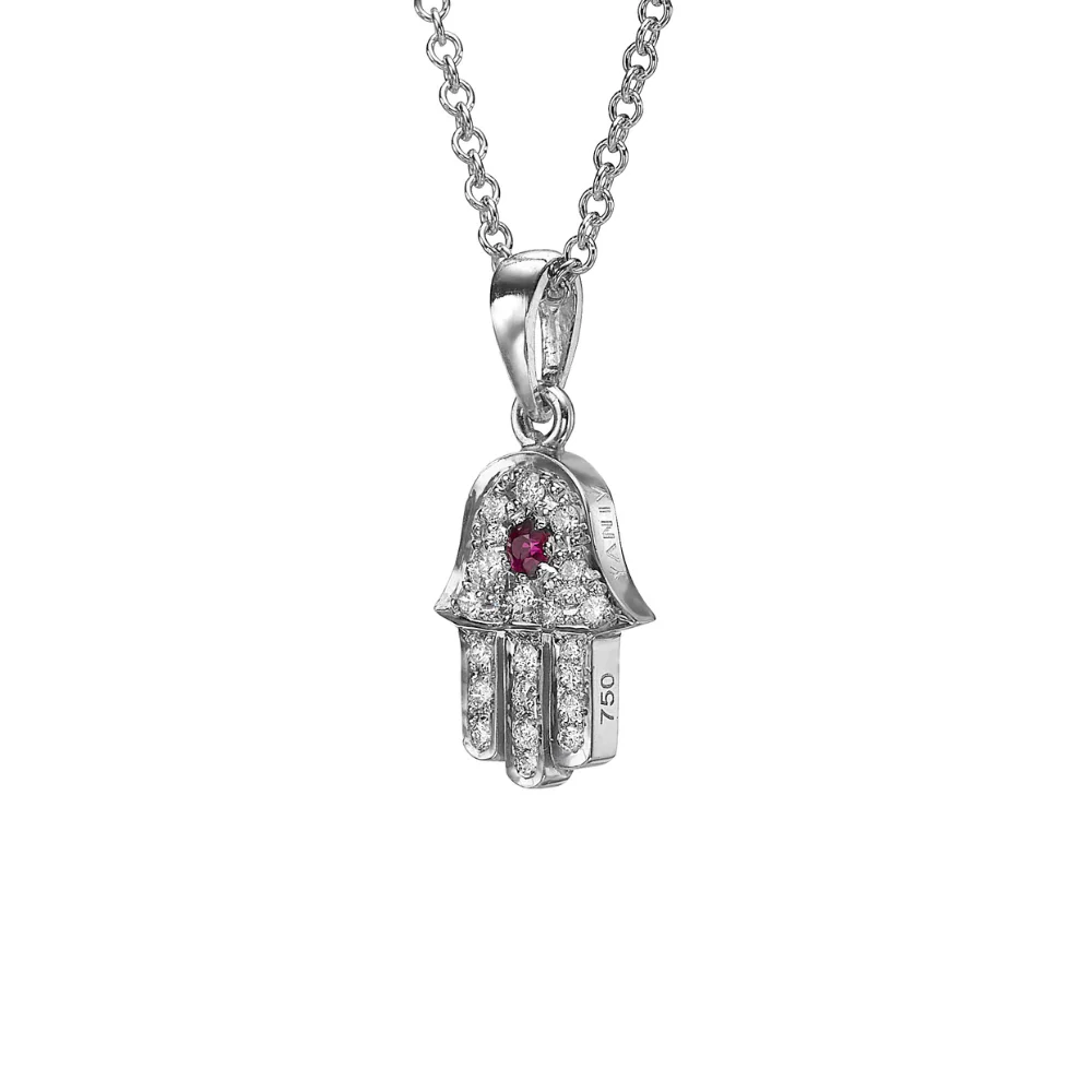 18k Gold Hamsa Pendant with Diamonds and Ruby - Image 3