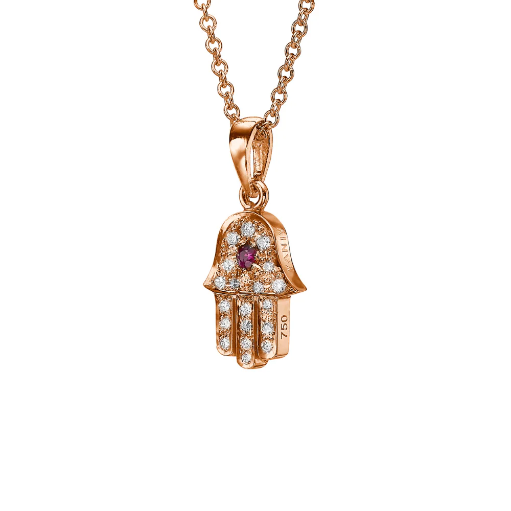 18k Gold Hamsa Pendant with Diamonds and Ruby - Image 4