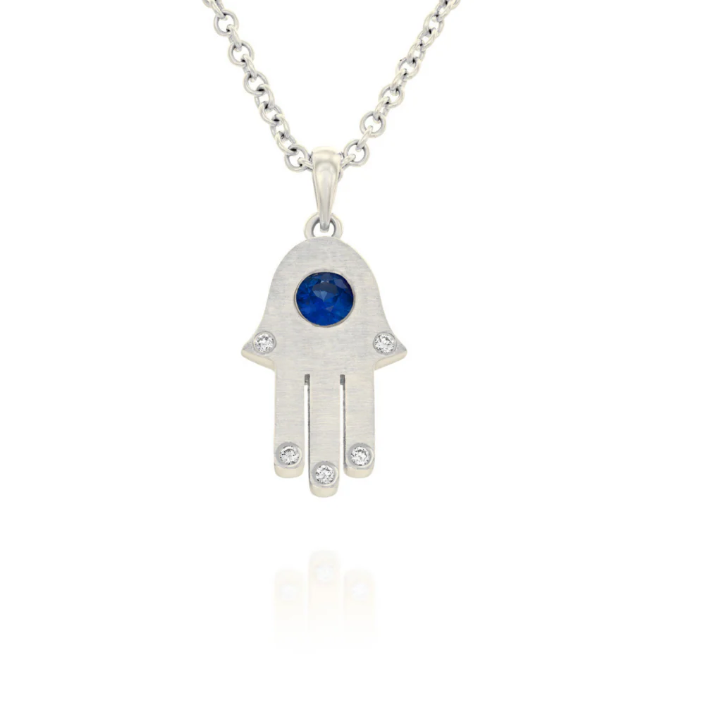 Hamsa Pendant with Diamonds and Blue Sapphire in 18k Gold - Image 2