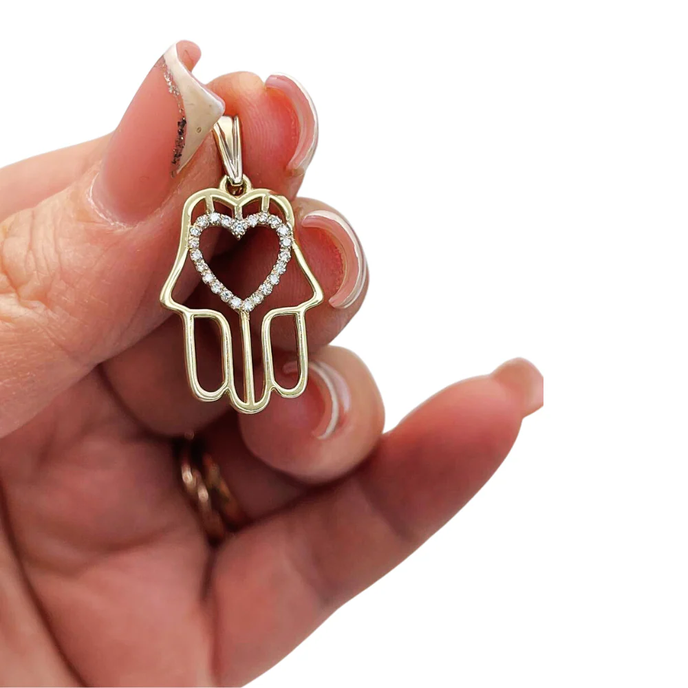 Diamond Heart Hamsa Pendant 14K Gold - Protection Charm - Image 4