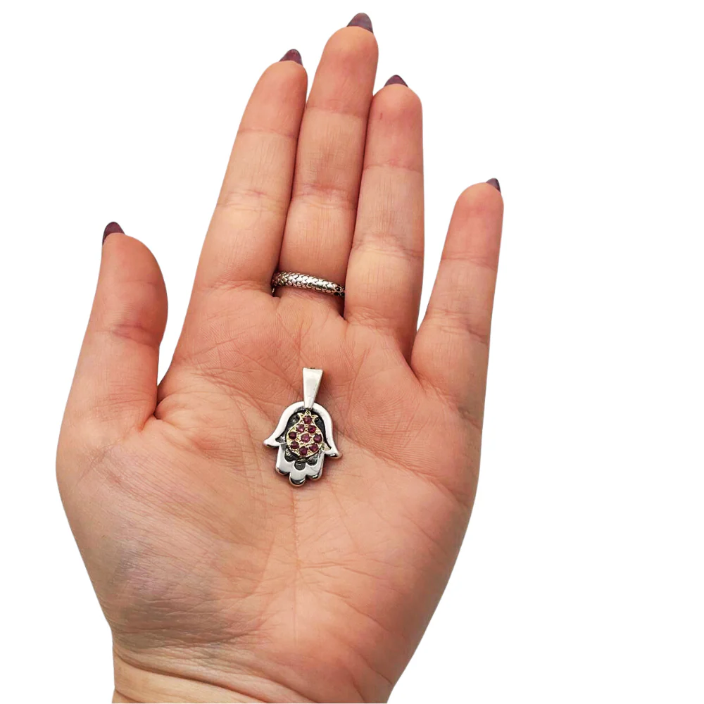 Hamsa with Pomegranate Necklace in Silver & Gold with Rubies - Image 3
