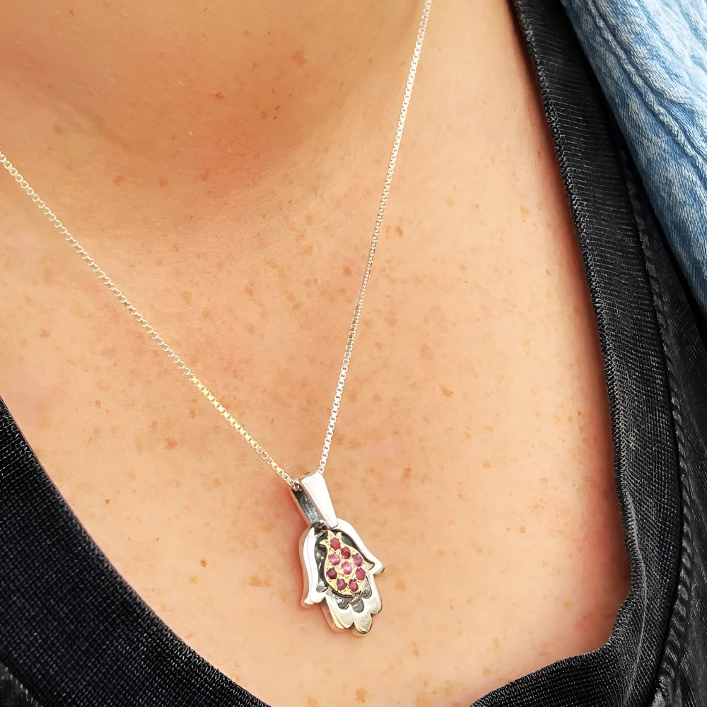 Hamsa with Pomegranate Necklace in Silver & Gold with Rubies - Image 4