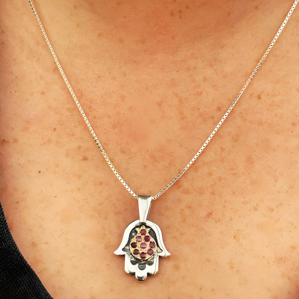 Hamsa with Pomegranate Necklace in Silver & Gold with Rubies - Image 5