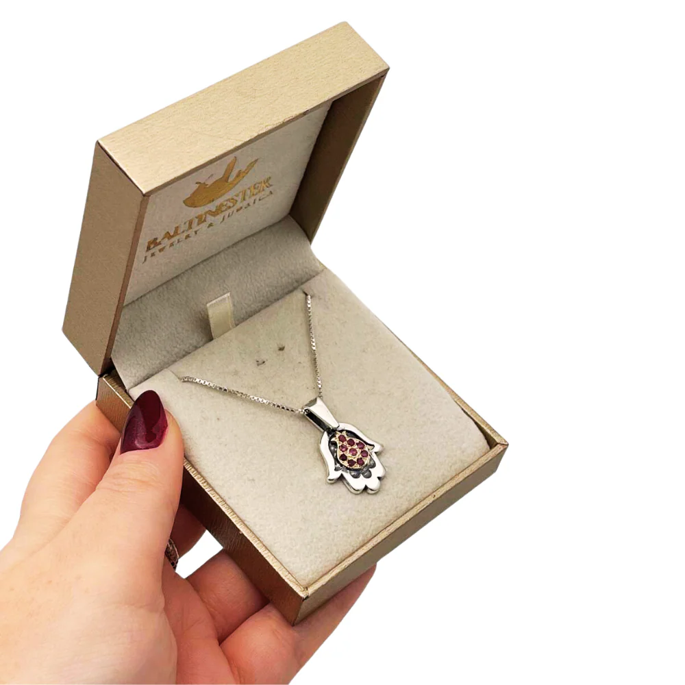 Hamsa with Pomegranate Necklace in Silver & Gold with Rubies - Image 7