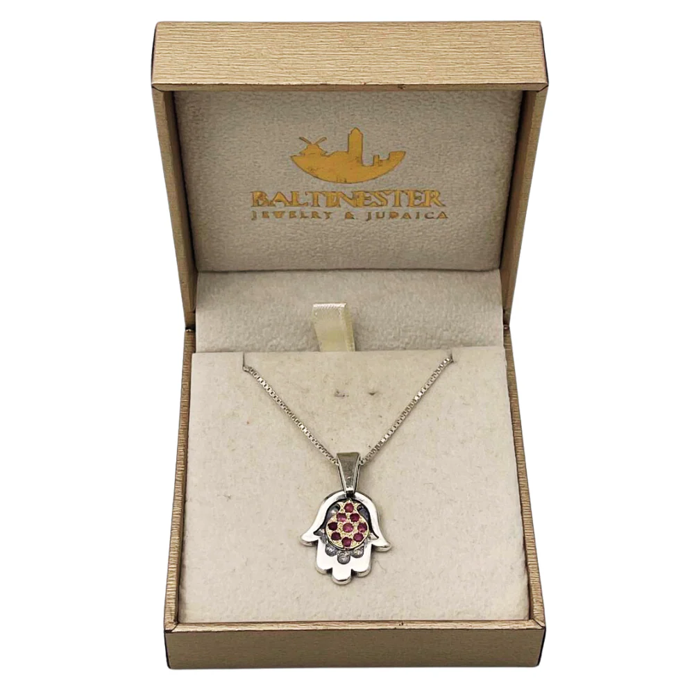Hamsa with Pomegranate Necklace in Silver & Gold with Rubies - Image 8