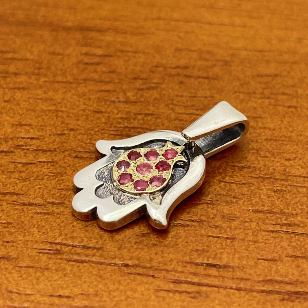 Hamsa with Pomegranate Necklace in Silver & Gold with Rubies - Image 9