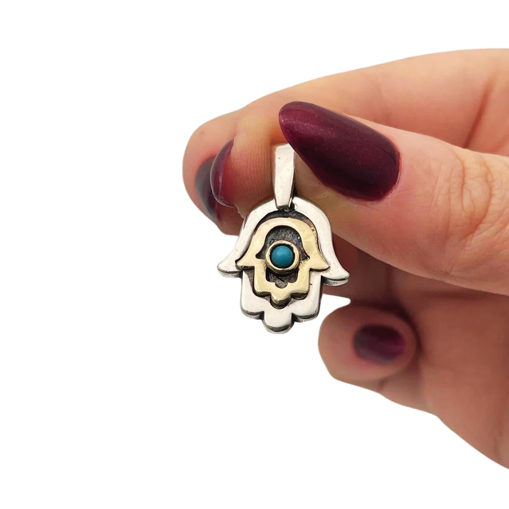 Hamsa Necklace with Blue Turquoise Stone in Silver and 9K Gold - Image 4