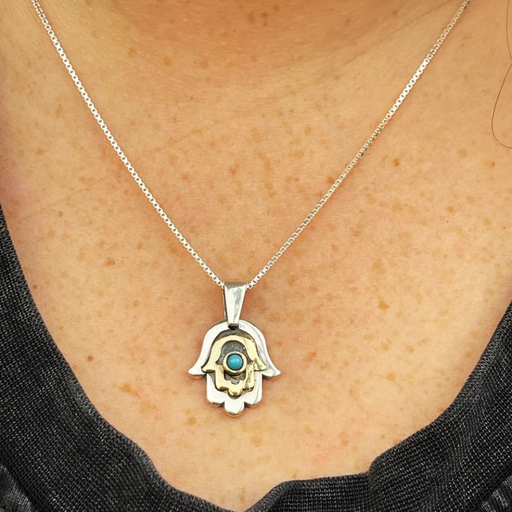 Hamsa Necklace with Blue Turquoise Stone in Silver and 9K Gold - Image 9