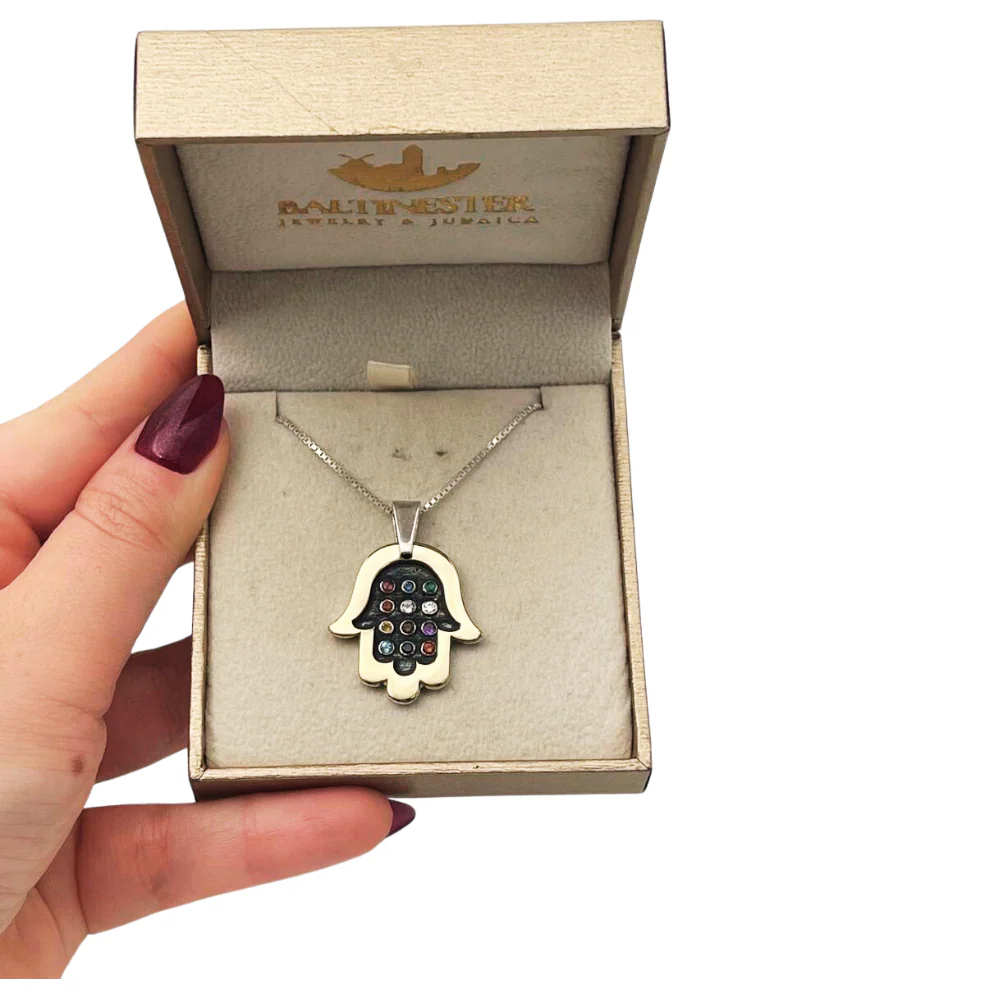 Hamsa Necklace with Hoshen Gemstones in Silver and 9K Gold - Image 4