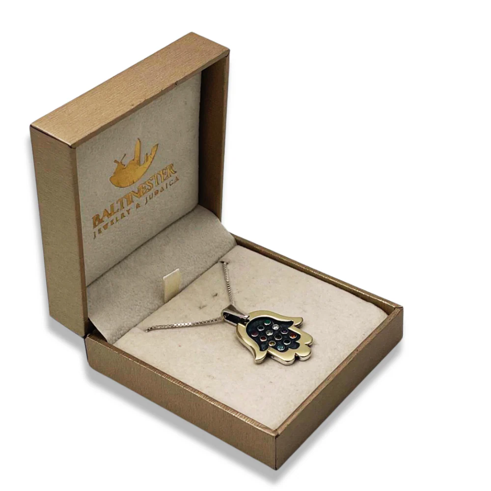 Hamsa Necklace with Hoshen Gemstones in Silver and 9K Gold - Image 5