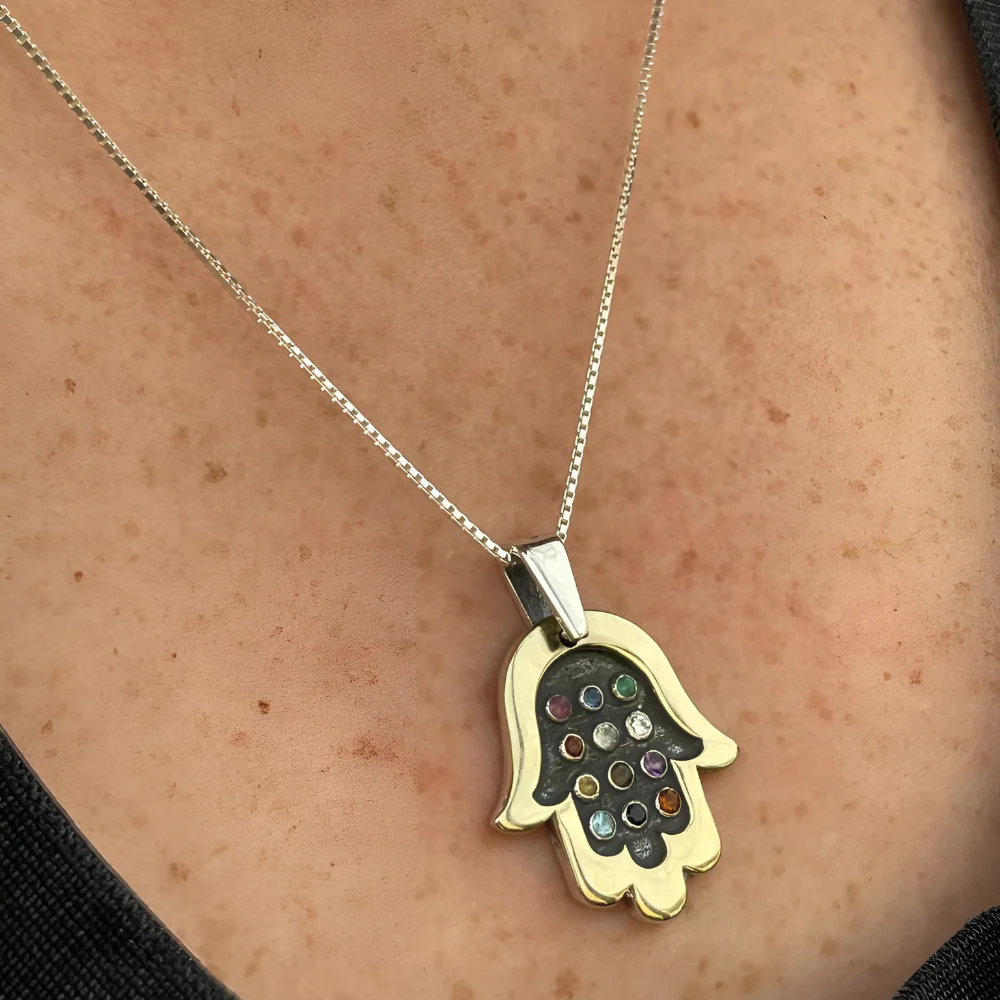Hamsa Necklace with Hoshen Gemstones in Silver and 9K Gold - Image 8
