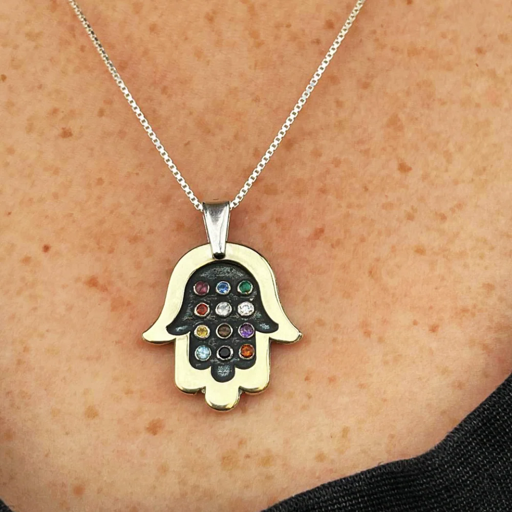 Hamsa Necklace with Hoshen Gemstones in Silver and 9K Gold - Image 9