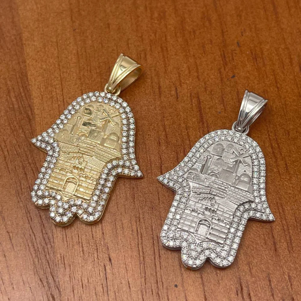 Hamsa Pendant with Jerusalem Skyline 14K Gold & 1.22 CT Diamonds – Am Yisrael Chai Engraving - Image 10