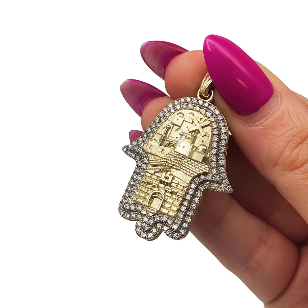 Hamsa Pendant with Jerusalem Skyline 14K Gold & 1.22 CT Diamonds – Am Yisrael Chai Engraving - Image 2