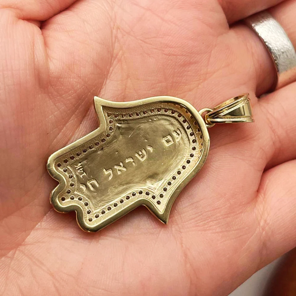 Hamsa Pendant with Jerusalem Skyline 14K Gold & 1.22 CT Diamonds – Am Yisrael Chai Engraving - Image 5