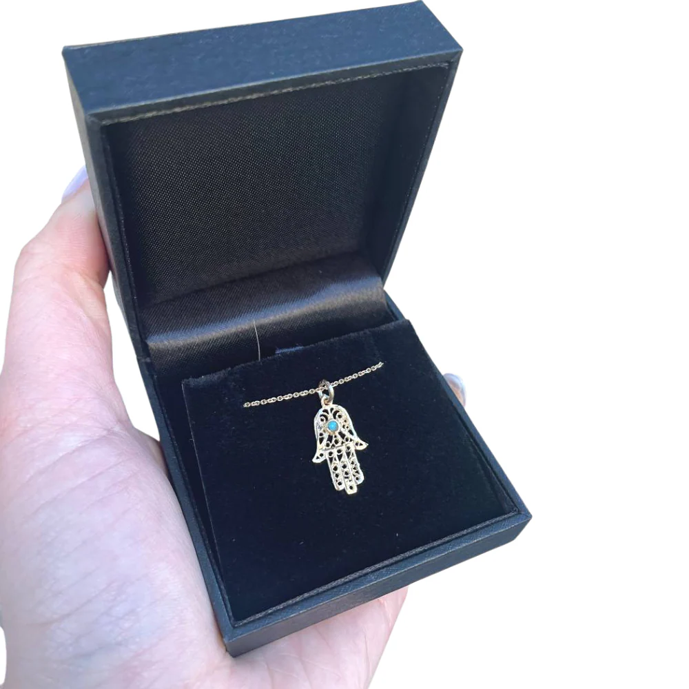 Filigree Turquoise Symmetric Hamsa 14k Gold Pendant - Image 3