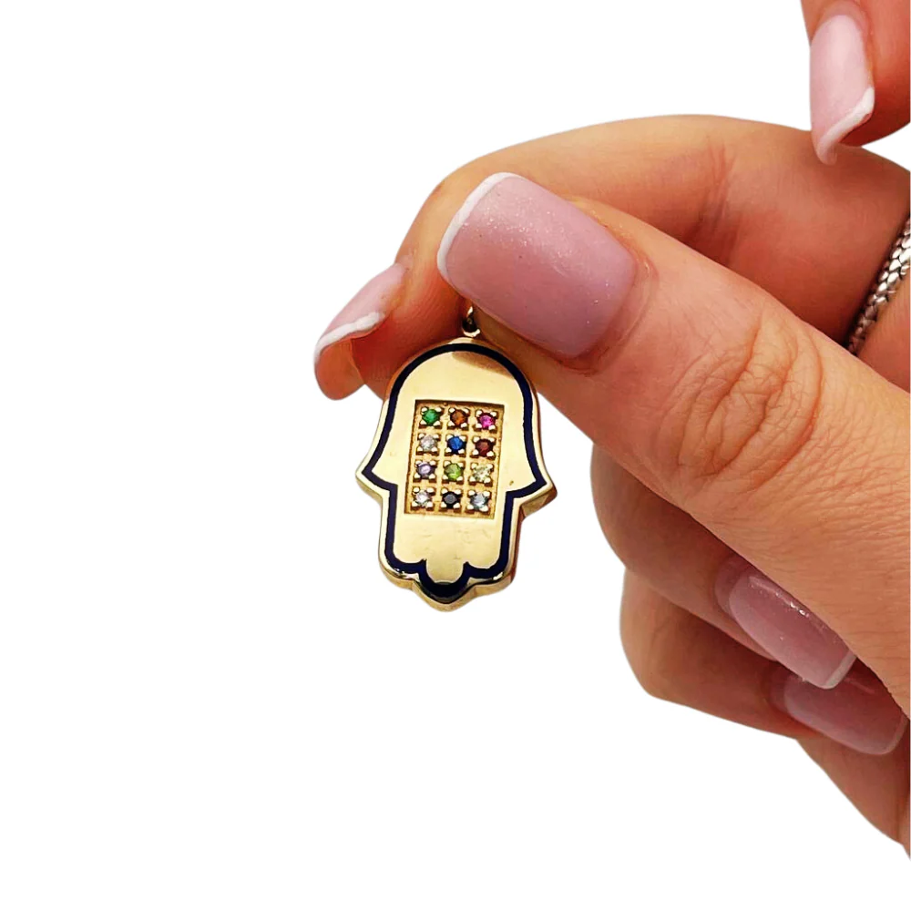 Hoshen Hamsa Pendant in 14k Gold with 12 Stones - Image 2