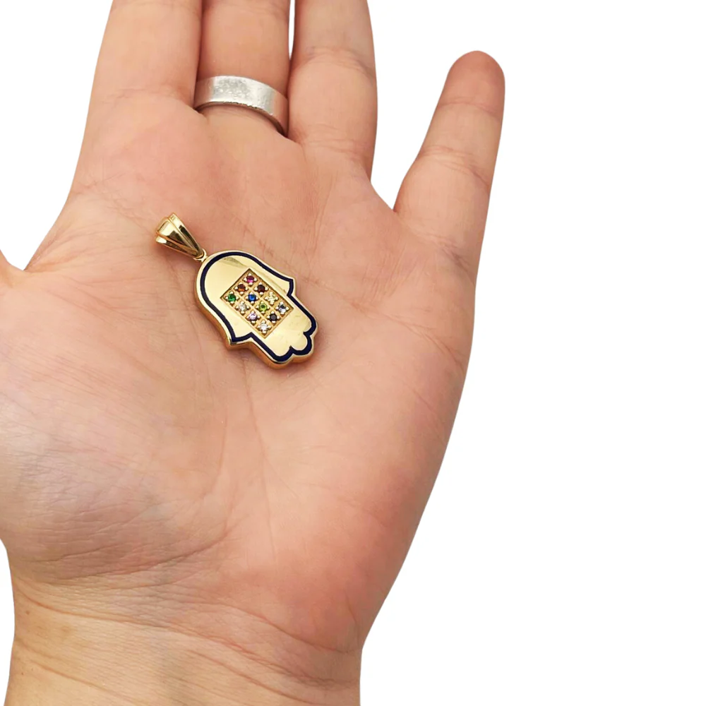 Hoshen Hamsa Pendant in 14k Gold with 12 Stones - Image 3
