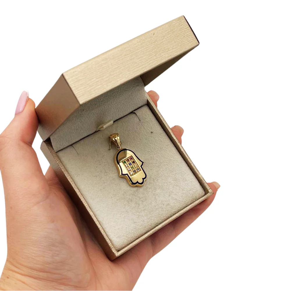 Hoshen Hamsa Pendant in 14k Gold with 12 Stones - Image 5