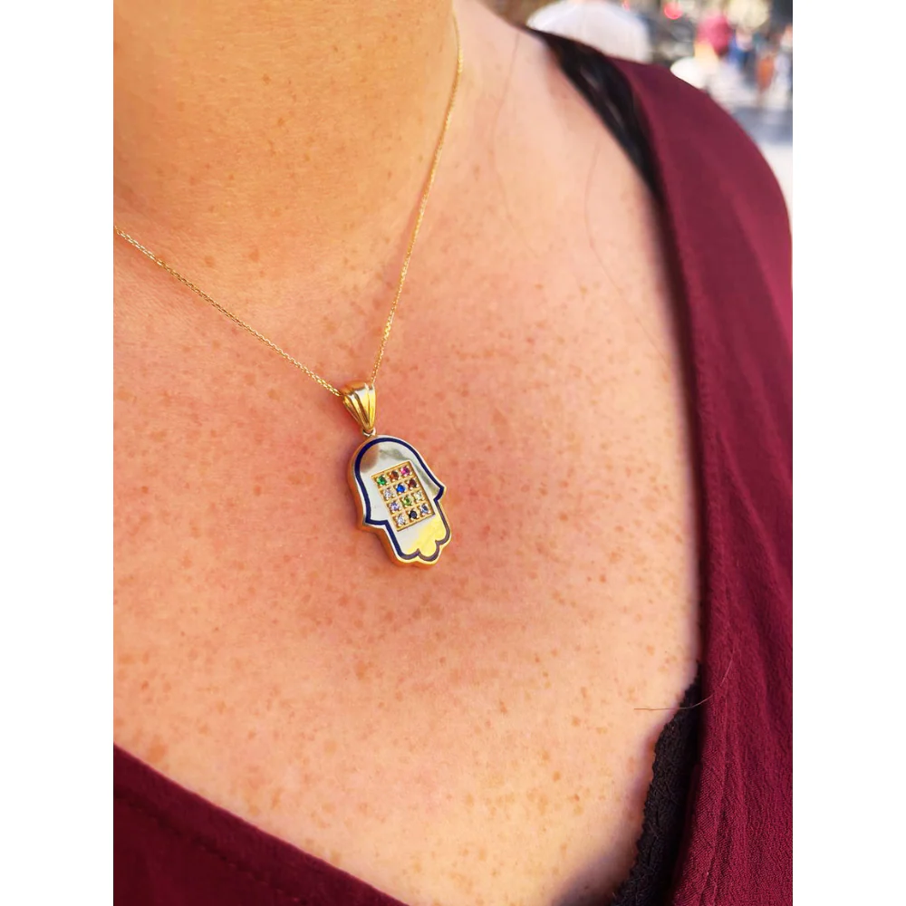 Hoshen Hamsa Pendant in 14k Gold with 12 Stones - Image 7