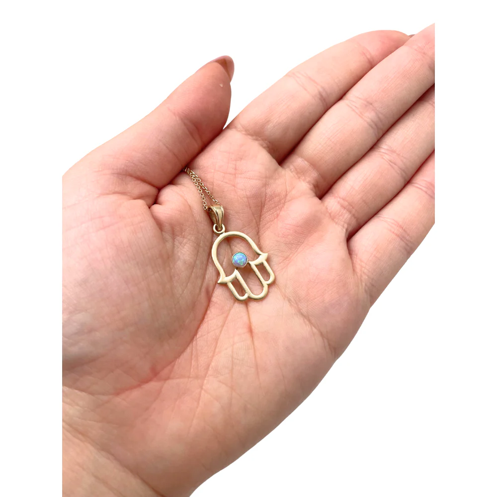 Hamsa Pendant with Light Blue Opal Stone in 14K Gold - Image 4