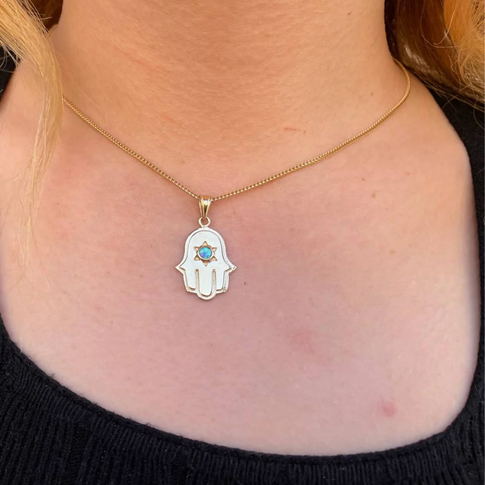Hamsa and Star of David Pendant with Opal Stone - 14K Gold - Image 2