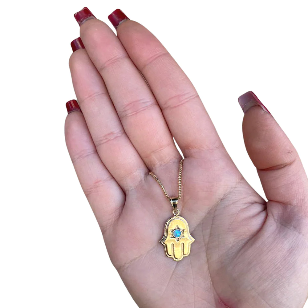 Hamsa and Star of David Pendant with Opal Stone - 14K Gold - Image 3