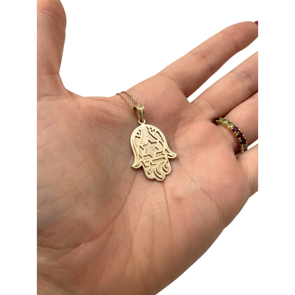 14k Gold Florentine Fish Chai Protection Hamsa Pendant - Image 4