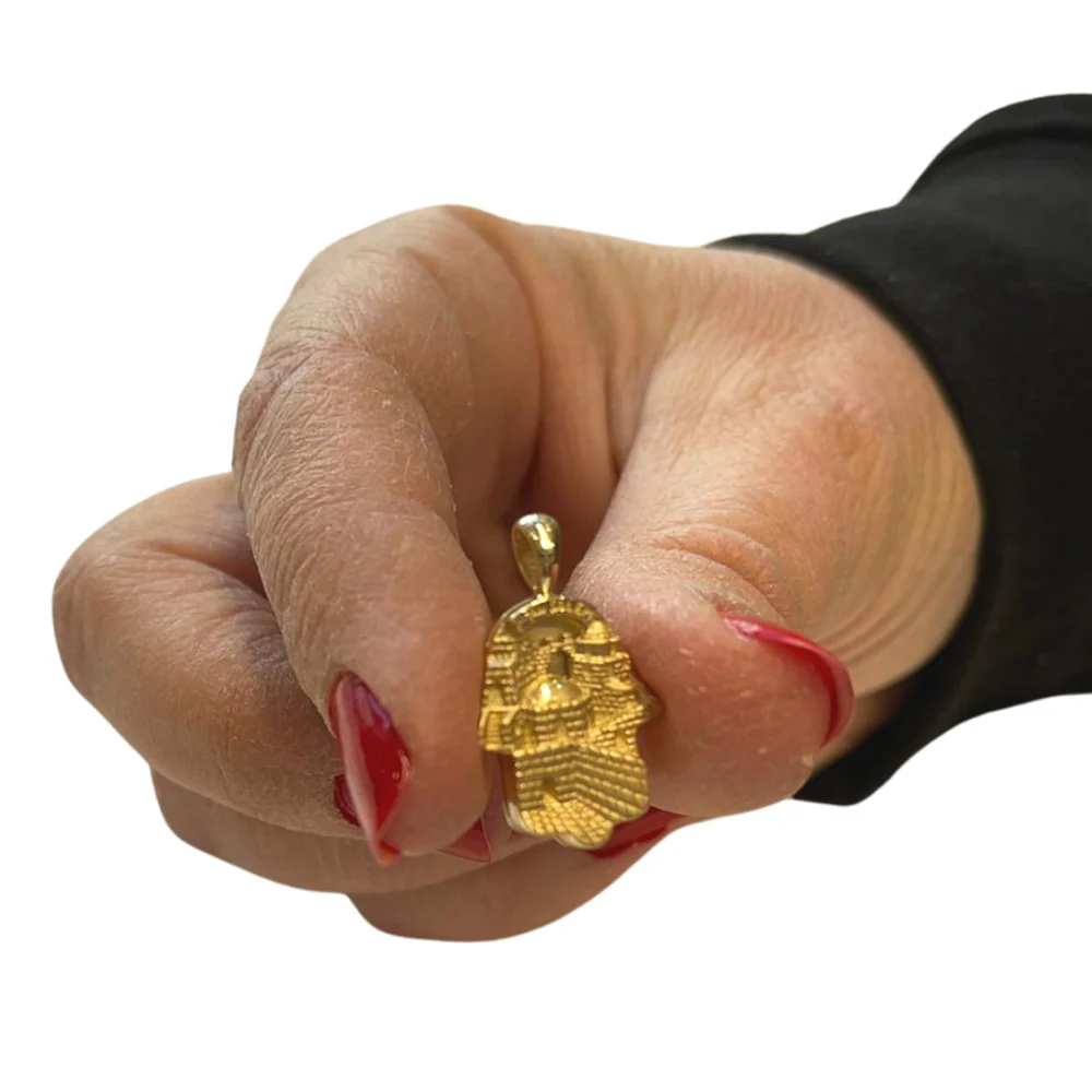 14k Gold 3D Old City Jerusalem Hamsa Thick Pendant - Image 9