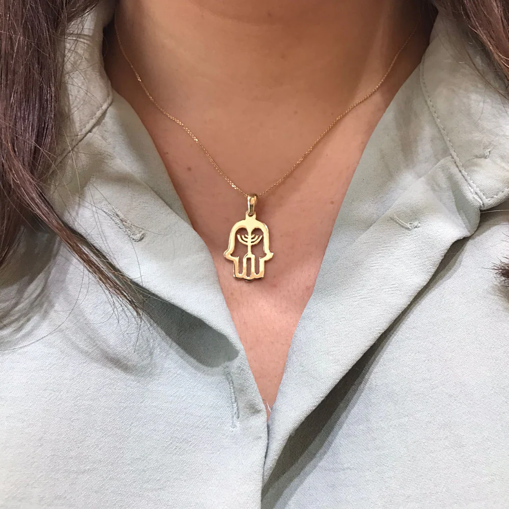 Hamsa Menorah 14k Yellow Gold Pendant - Image 2