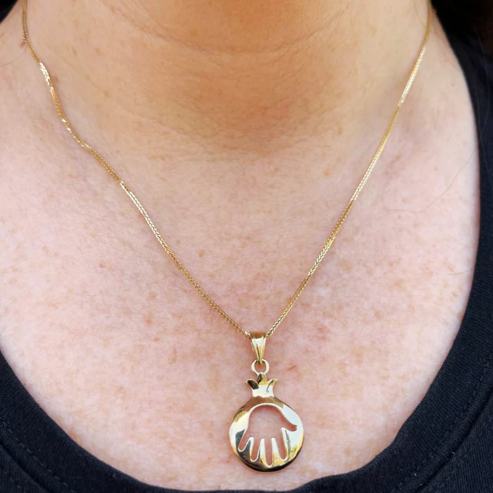 14K Gold Pomegranate Cutout Hamsa Pendant - Image 4
