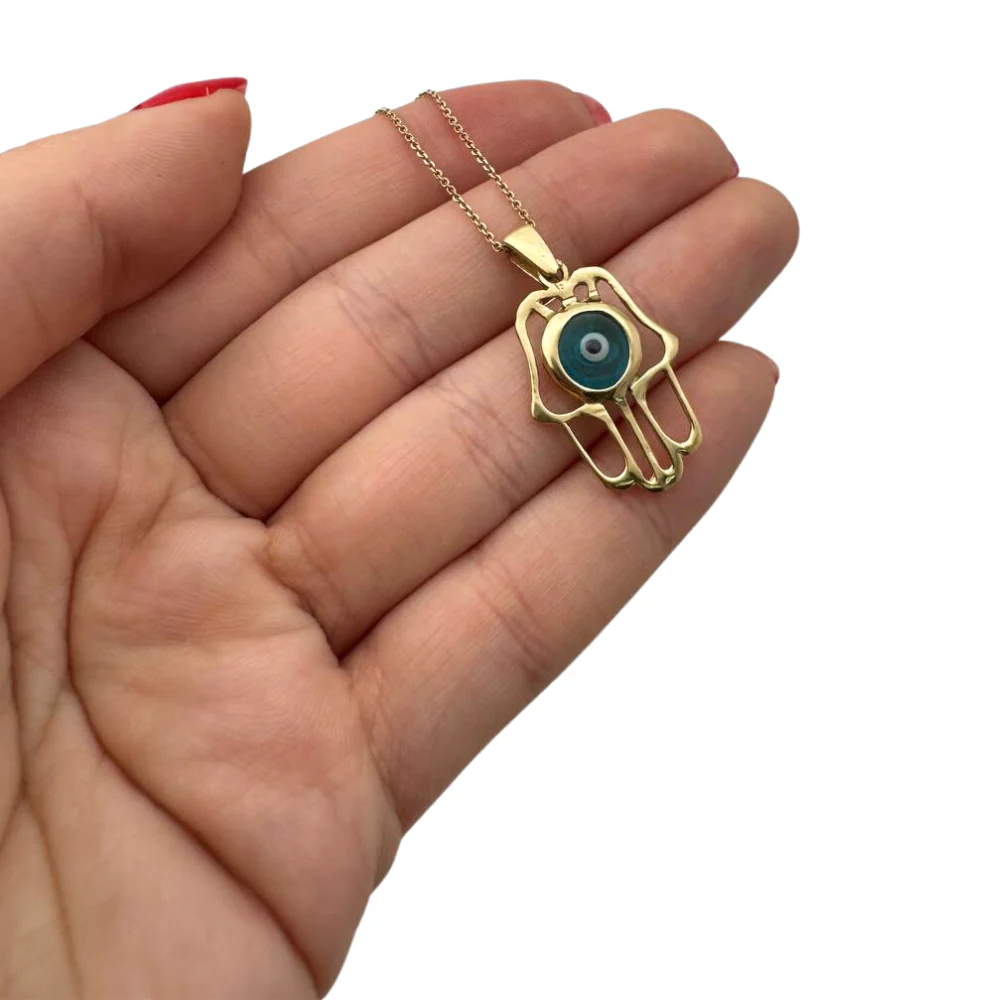 14k Gold Crystal Eye Hamsa Pendant - Image 3