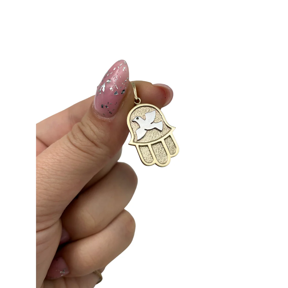 Dove Hamsa Pendant in 14k Gold Florentine - Image 4