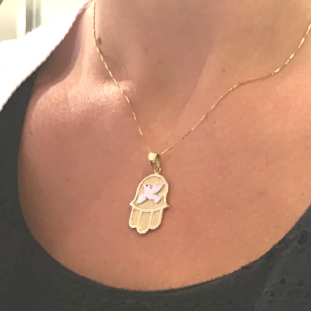 Dove Hamsa Pendant in 14k Gold Florentine - Image 8