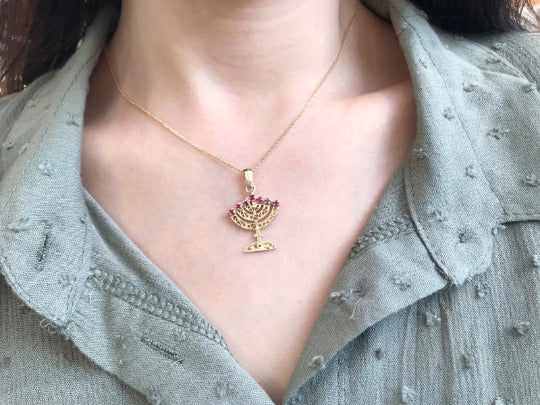 14k Gold and Precious Stones Reversible Menorah Pendant - Image 4