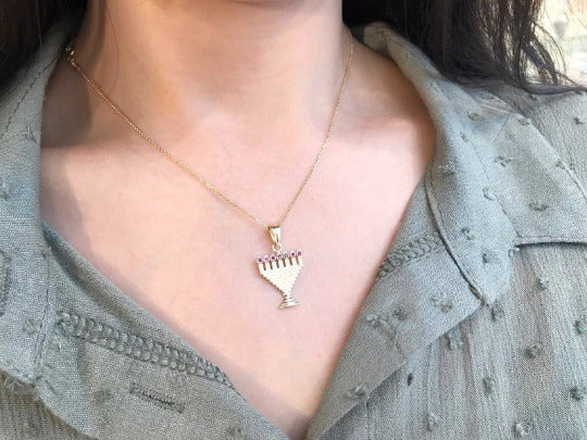 Kotel Menorah Pendant in 14k Gold Ruby - Image 2