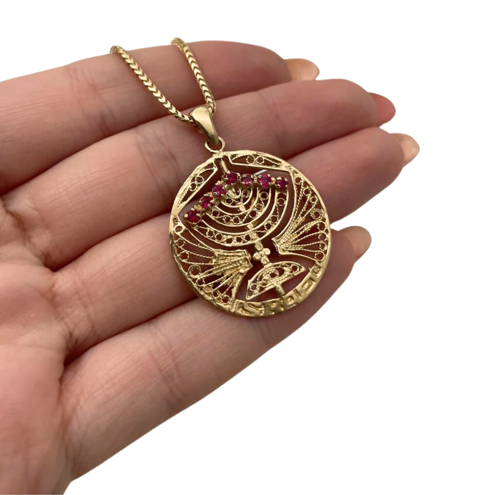 14k Gold Round Menorah Pendant Reversible Ruby and Sapphire - Image 3